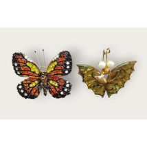 Vintage Butterfly Brooches Pins Crystal Monach &amp; Abalone Butterfly Faux Pearls - £14.42 GBP