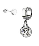 Dangling Clear CZ Huggie Hoop and Plug Stud Silver Tone Stainless Steel ... - $271.12 MXN