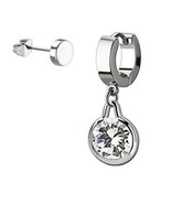 Dangling Clear CZ Huggie Hoop and Plug Stud Silver Tone Stainless Steel ... - £11.20 GBP