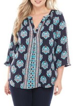 Crown &amp; Ivy Curvy Plus Size Navy Blue Print Peasant Tunic Top New No Tag - £27.97 GBP