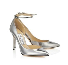 Jimmy Choo Lucy Metallic Silver Leather Ankle Strap Pump SZ 38 - US 8 - £318.88 GBP