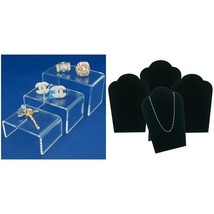 Clear Acrylic Risers Jewelry Displays &amp; Black Velvet Necklace Bust Kit 7 Pcs - £18.02 GBP