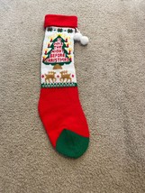 Vintage Knit Christmas Stocking Night Before Red Green Gifts Pom Poms 23&quot; - £8.20 GBP