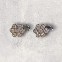Vintage Clip on Earrings Clear Faceted Rhinestone Stud Flowers Silver Tone - $8.59