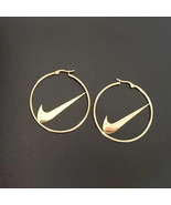 NEW 50mm NIKE SWOOSH GOLD - PLATED METAL HOOPS CLASP EARRINGS, PAIR WOME... - $19.75