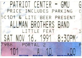 Allman Brothers Band Concert Ticket Stub November 16 1991 Fairfax Virginia - $24.74