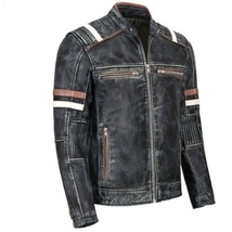 Men Real Sheepskin Biker Leather Jacket Vintage Motorcycle Black Cafe Racer Coat - £67.61 GBP