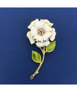 Vintage enamel metal pink flower brooch with stem green leaves flower pin - $19.75
