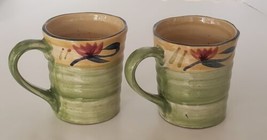 Two Pier 1 ELIZABETH Hand Painted Stoneware Coffee Mugs Green Swirl Flowers 16oz - £17.39 GBP