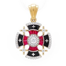 14K Gold Jerusalem Cross Necklace with Ruby Corundum Diamonds Black Enamel Gift - £1,479.84 GBP