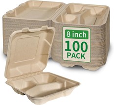 Compostable Disposable 100 Pack 8X8 Inch 3 Compartment Takeout Lunch Box - £31.38 GBP