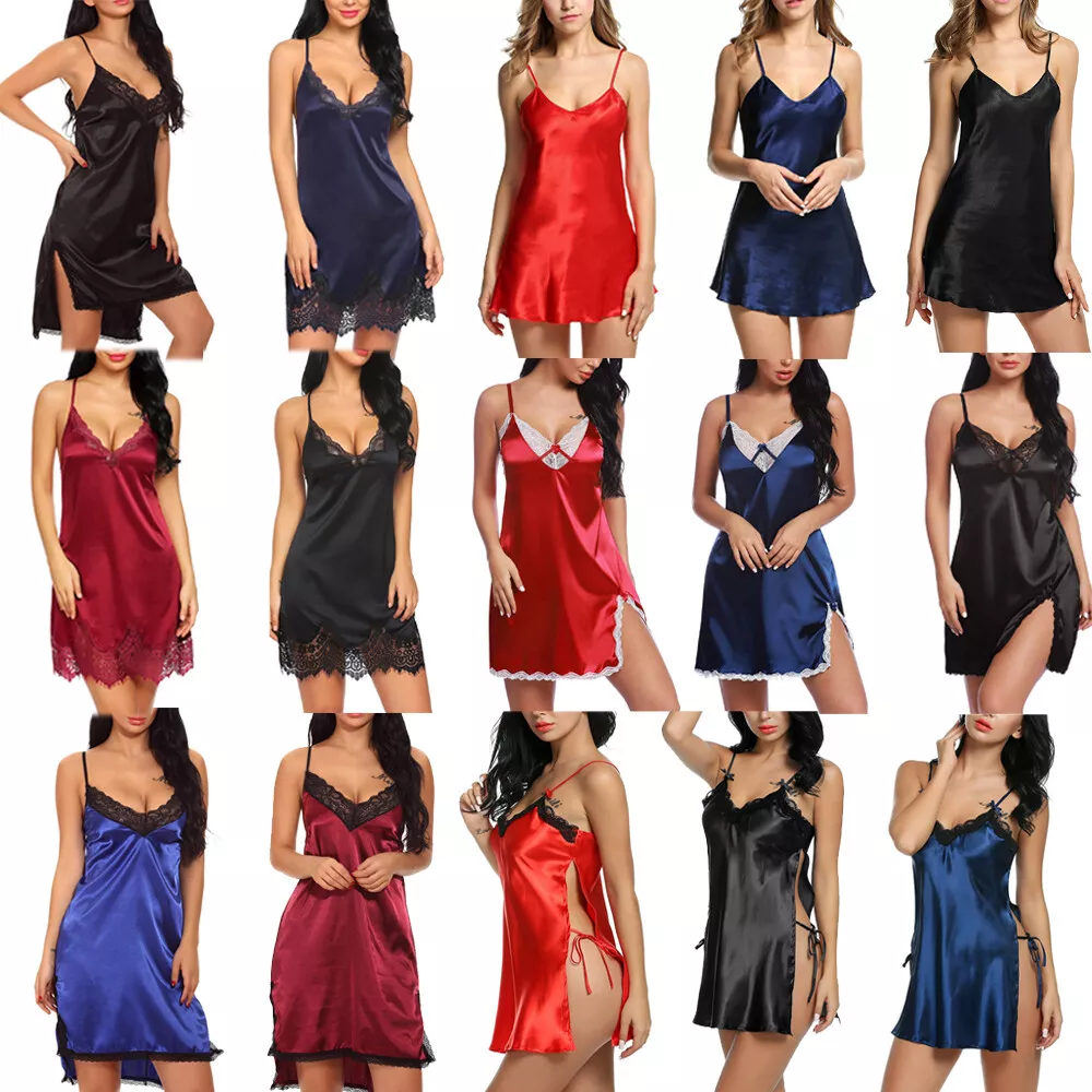 Sexy-Lingerie-Women-Silk-Satin-Lace-Robe-Dress-Babydoll--Nightgown-Sleepwear-US - £23.54 GBP