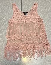 Vintage Y2K peach pink say what Crochet Sheer Mesh Fringe Tank Top Coque... - $19.99