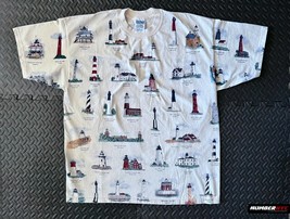 Vintage Rare XXL Beige Tan Shirt US America East Sea Coast Light Towers Houses - £39.41 GBP