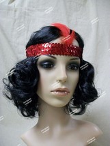 Curly Black Flapper Wig &amp; Red sequin band Charleston Chicago Roaring 20&#39;s Jazz - £11.75 GBP