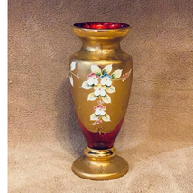 Vintage Bohemian Czech Cranberry 24K Gold Encrusted Enameled Glass Vase (1950s) - £101.01 GBP