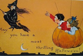 Halloween Postcard Tuck Witch Children In Aircraft JOL Fantasy Series 188 Unused - £46.77 GBP