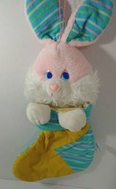 MTY Plush Pink Easter Bunny terrycloth blue yellow stocking stripes dot vintage - £14.00 GBP
