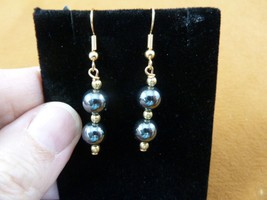 (EE-380-18) 8mm round Black hematite + gold tone bead pair wire dangle EARRINGS - £11.19 GBP