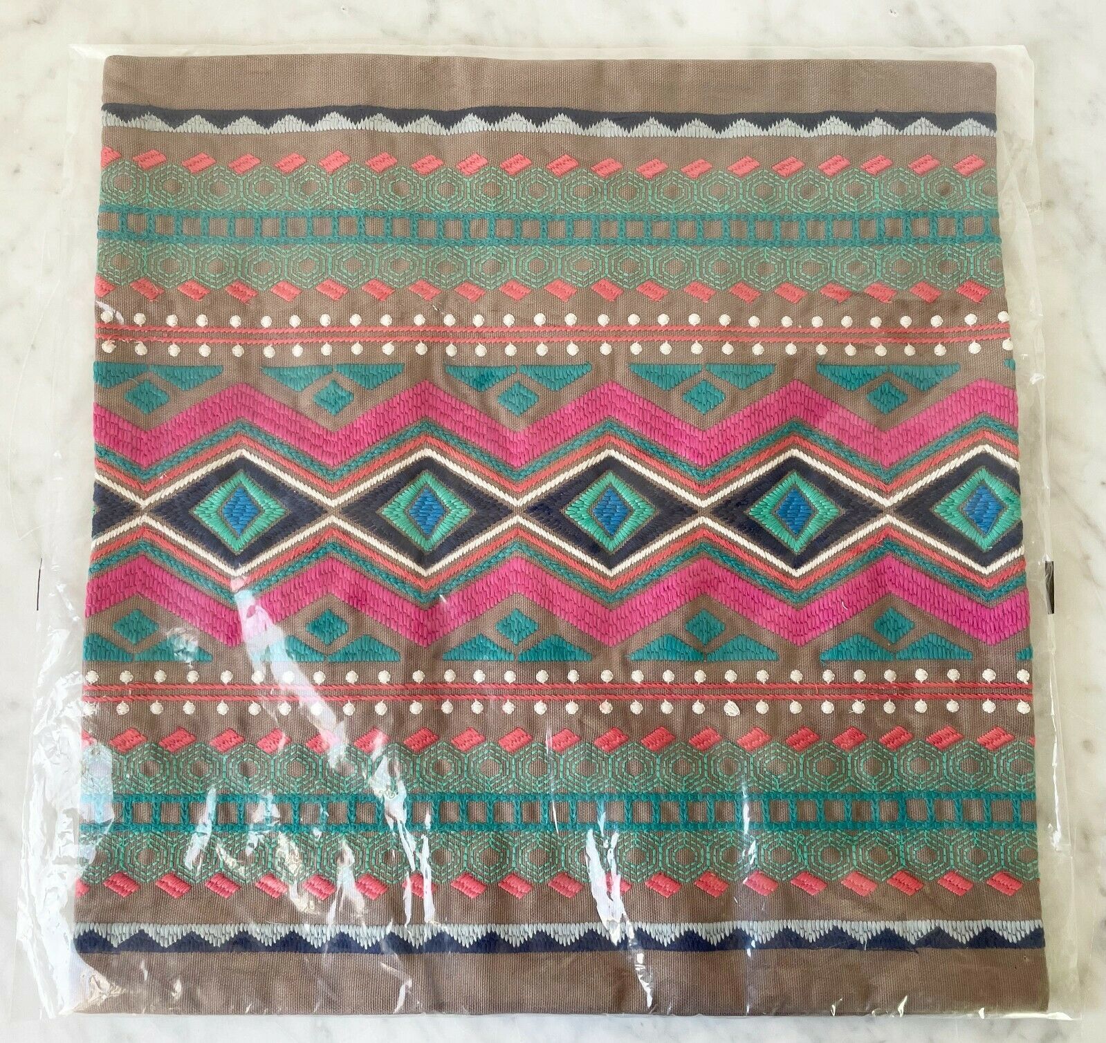 West Elm Pueblo Taupe Pink Turquoise Embroidered Throw Pillow Cover 15 x 16 NEW - $33.20