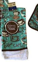 COFFEE TIME KITCHEN TOWEL Cafe Mocha Brown Turquoise Kitchen Linen image 3
