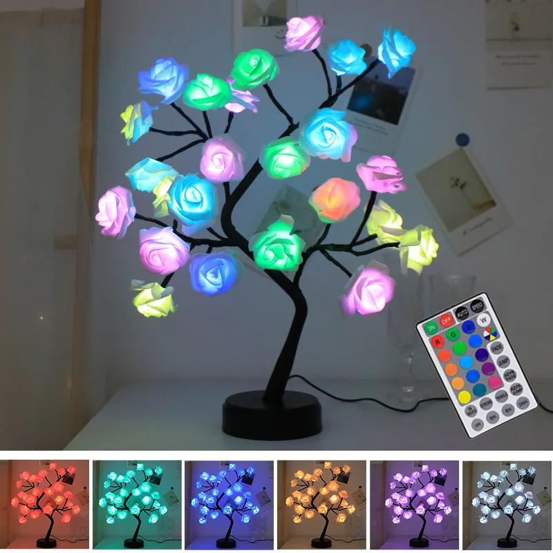 LED Rose Flower Tree Lights Remote USB Colorful Table Lamp Home Bedroom Wedding - £24.91 GBP+