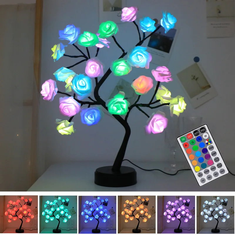 LED Rose Flower Tree Lights Remote USB Colorful Table Lamp Home Bedroom ... - $31.71+