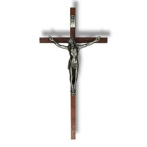 Vintage INRI Crucifix Jesus Christ on the Cross 10” Wood Pewter Wall Cross  - £12.65 GBP