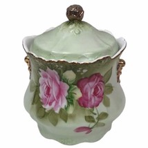 Vintage Lefton China Heritage Rose Green Covered Biscuit Jar 6-1/4&quot; Japan 6131 - £52.09 GBP