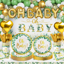 Sage Green Baby Shower Decoration Set 244 PCS Includes Plates, Napkins, ... - £40.93 GBP