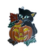 Halloween Suncatcher Black Cat Pumpkin Resin Lead Framed Vintage Fall Au... - €10,27 EUR