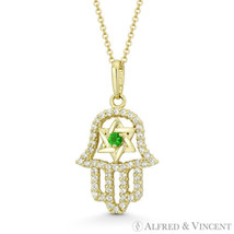 Hamsa Hand Star of David Simulated Emerald CZ Crystal Pendant in 14k Yellow Gold - £87.70 GBP+