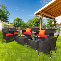 8Pcs Patio Rattan Conversation Furniture Set Outdoor W/ Red Cushion - £565.57 GBP