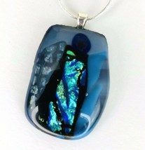 Dichroic Fused Art Glass Blue Sparkle Square  Pendant Necklace 24&quot; Chain - £22.72 GBP