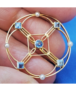Original EARTH MINED SAPPHIRE Pearl Art Deco Geometric Brooch SOLID 14K ... - $2,750.25