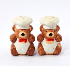 Brown Teddy Bear Salt &amp; Pepper Shakers Wearing Chef Hats Ceramic Vintage - £10.22 GBP