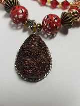 Chocolate Druzy Quartz Statement Necklace with Red and Gold Mixed Beads - £39.16 GBP