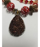 Chocolate Druzy Quartz Statement Necklace with Red and Gold Mixed Beads - £38.83 GBP
