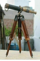 Nautical Design Antique Brass Spyglass Telescope With Wooden Tripod Marine Scope - £43.39 GBP