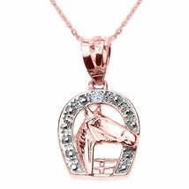 Solid 10k Rose Gold Diamond Horseshoe with Horse Head Pendant Necklace - £124.15 GBP+