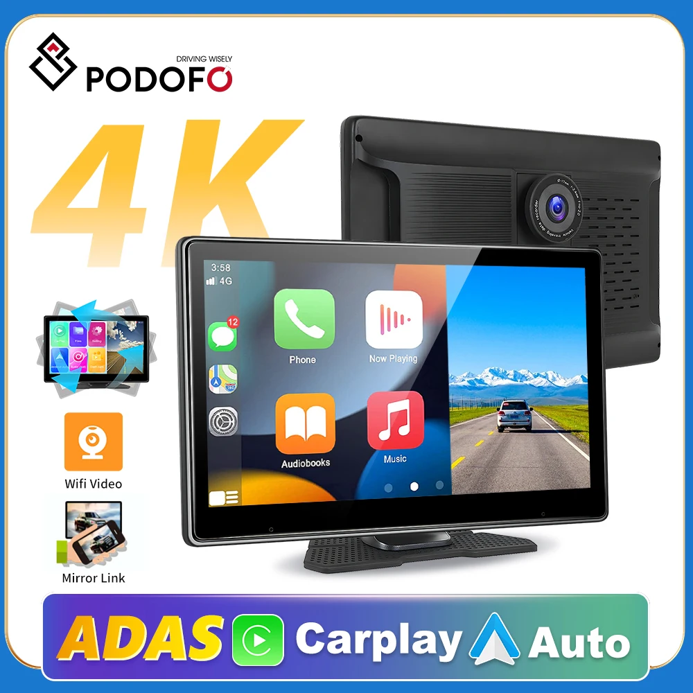 Podofo 10.1&quot; Screen Carplay Portable Smart Player Dash Cam Rearview Camera - £117.94 GBP+