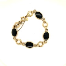 Vintage 12k Gold Filled Signed Amco Retro Inlay Black Onyx Panel Link Bracelet 7 - £47.48 GBP