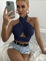 Navy Blue Solid Cross Top Halter Top Small size 4 - £71.43 GBP