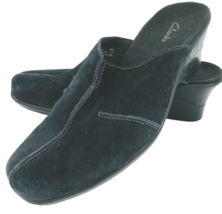 Clarks Black Suede Leather 7.5 Slip Ons Clogs Mules Wedge 78581 Delight - $39.99