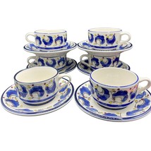 Set of 6 Vtg Buffalo China Large Cup &amp; Saucer Restaurant Ware Blue Plume... - £102.84 GBP