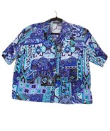 Vintage Renee Adams Large Blouse Button Up Blue Geometric Short Sleeved ... - $17.42 CAD