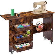 Folding Sewing Craft Table, Rolling Sewing Machine Desk With Storage She... - $188.99