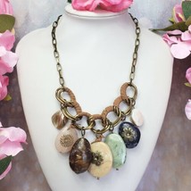 Green Beige Brown Lucite Beaded Dangle Brass Tone Fashion Bib Necklace - £12.75 GBP