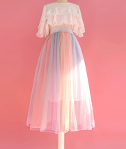 Rainbow Color Midi Tulle Skirt Holiday Outfit Women Rainbow Stripe Tulle Skirts  image 1