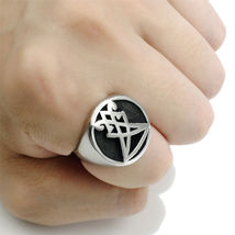 Men&#39;s Sigil of Lucifer Seal of Satan Silver Solid Stainless Steel Ring Size 7-14 - £15.84 GBP